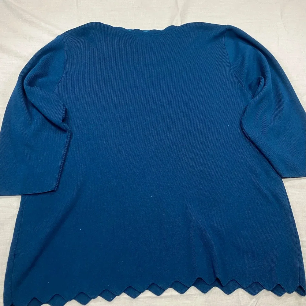 Cable Gauge Teal Blue Scallop Trim Knit Tunic Top Sweater 3/4 Sleeves SZ 2X - Picture 3 of 6